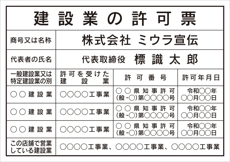 建設業の許可票 フォント 角ゴシック体