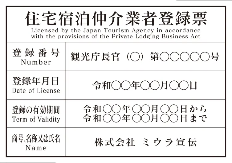 住宅宿泊仲介業者登録票 フォント 明朝体