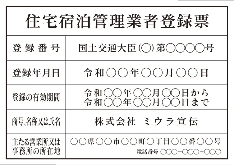 住宅宿泊管理業者登録票 フォント 明朝体