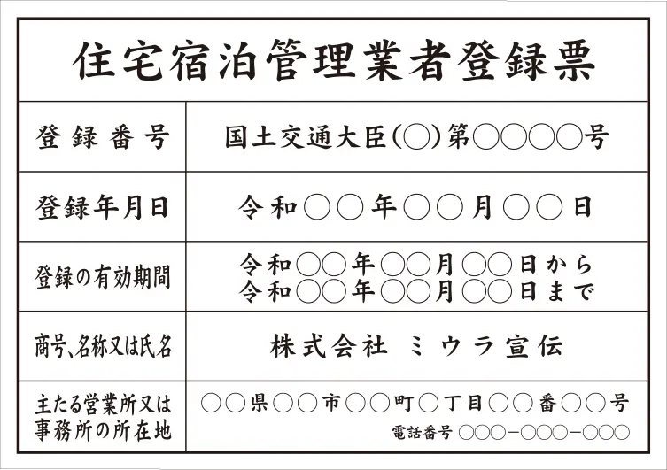 住宅宿泊管理業者登録票 フォント 楷書体